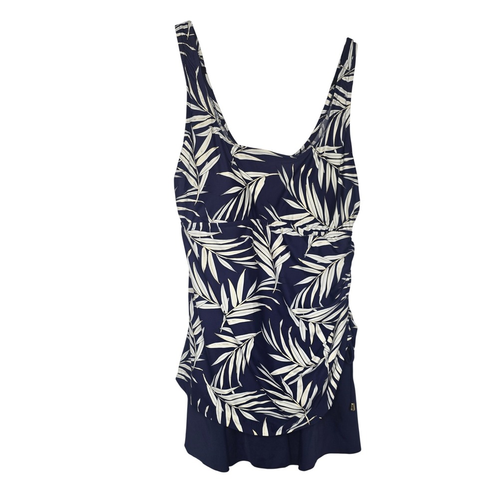 Maxine of Hollywood Palm Leaf Swimdress Women 16 Blue White Gold Tropical - Picture 1 of 8